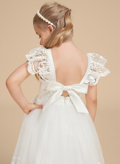 A-linja kulta lattiaa hipova pituus pitsi tylli vuori 100% puuvillaa kukka tyttö mekot jossa keula 