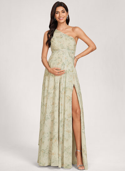 Kjole med A-linje One-Shoulder Gulvlængde Chiffon Graviditetskjoler med Flæsekanter 