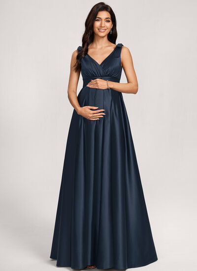 Kjole med A-linje V-hals Gulvlængde Satin Graviditetskjoler med Sløjfe Flæsekanter 