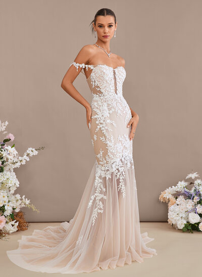 Trumpet/Mermaid Off the Shoulder Chapel Train Lace Tulle Wedding Dress With Beading 