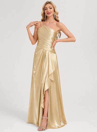 A-line One Shoulder Ruched Stretch Satin Dress