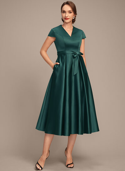 A-line V-Neck Tea-Length Satin Mother of the Bride Dress With Bow 
