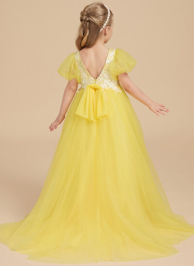 Tanssiaismekot/prinsessa pyöreä kaula-aukko ylipitkä/laahus pitsi tylli kukka tyttö mekot jossa keula 