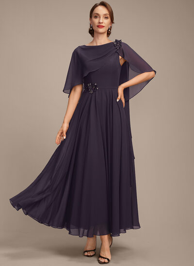 A-line Boat Neck Ankle-Length Chiffon Mother of the Bride Dress With Beading 3D Floral Pleated 
