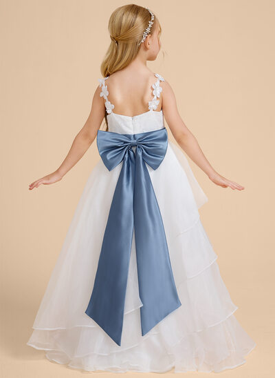 Ball-Gown/Princess Square Floor-Length Lace Organza Flower Girl Dress With Bow Sash Beading 3D Floral 