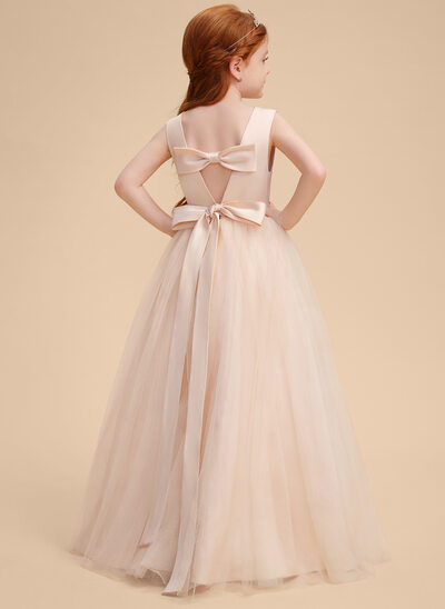 A-line Scoop Floor-Length Tulle Satin Flower Girl Dress With Bow 