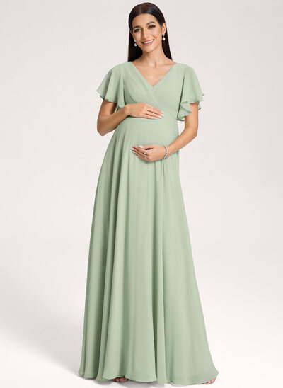 A-Linien-Kleid V-Ausschnitt Bodenlang Chiffon Umstandskleider mit Rüschen 