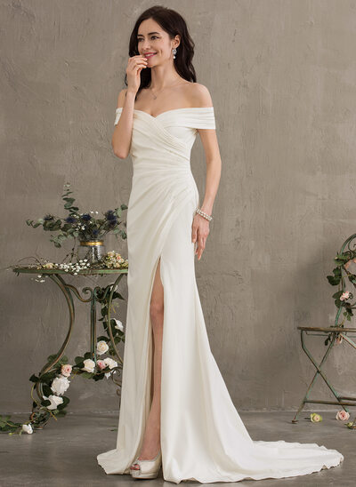 Jurk van stretch crêpe met off-the-shoulder strapless