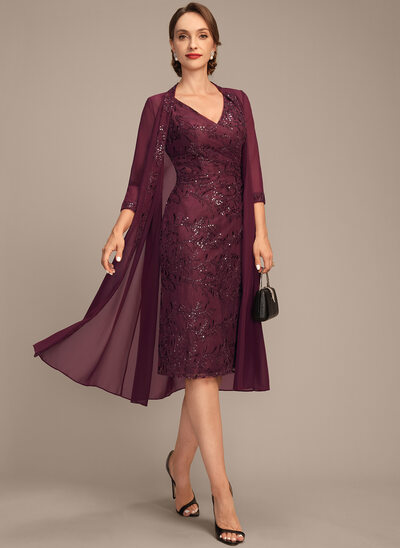 Sheath/Column V-Neck Knee-Length Lace Mother of the Bride Dress With Pleated Sequins 