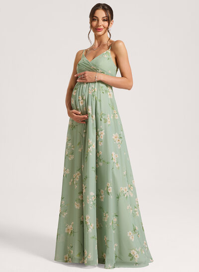 A-Linien-Kleid V-Ausschnitt Bodenlang Chiffon Umstandskleider mit Falten 