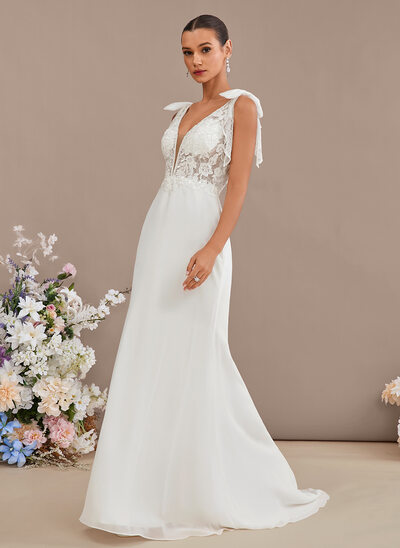 Trumpet/Mermaid V-Neck Sweep Train Chiffon Lace Wedding Dress With Bow Beading Sequins 