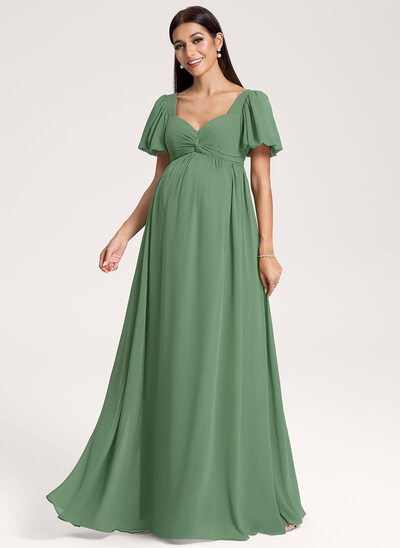 A-Linien-Kleid V-Ausschnitt Bodenlang Chiffon Umstandskleider mit Schleife Falten 