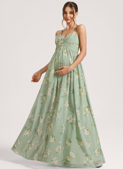 A-Linien-Kleid V-Ausschnitt Bodenlang Chiffon Umstandskleider mit Falten 