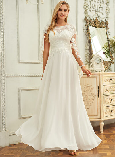 Abiti linea a girocollo a terra pizzo chiffona abiti da sposa con lustrini 