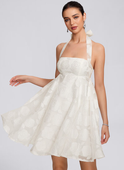 A-line Halter Short Jacquard Homecoming Dress With Bow 