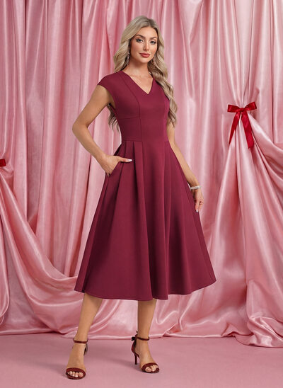 A trapezio scollo a v midi jersey abito da cocktail con plissettato 