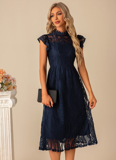 A trapezio collo alto effetto illusione midi pizzo abito da cocktail 