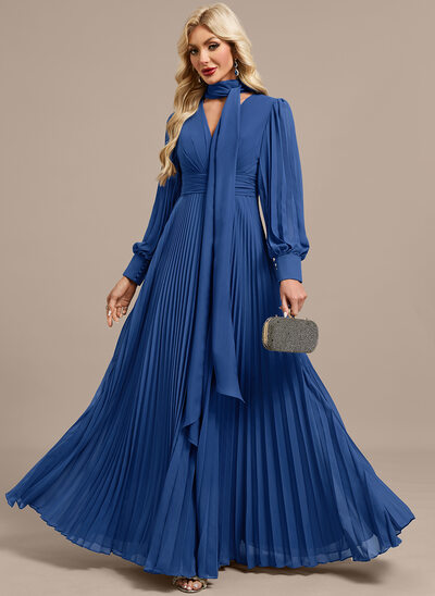 A-line V-Neck Floor-Length Chiffon Evening Dress With Pleated 