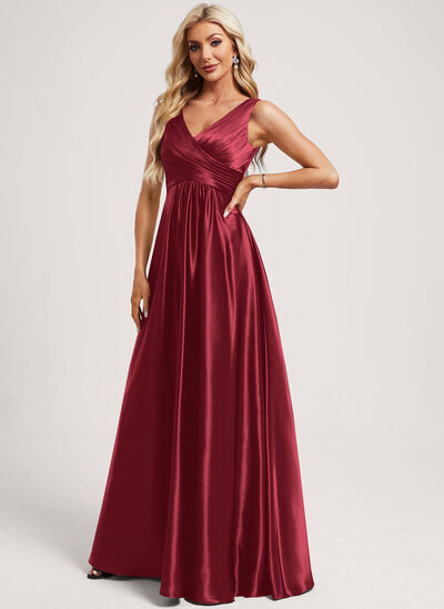 Robe de demoiselle d'honneur trapèze col v longueur ras du sol satin extensible avec volants 