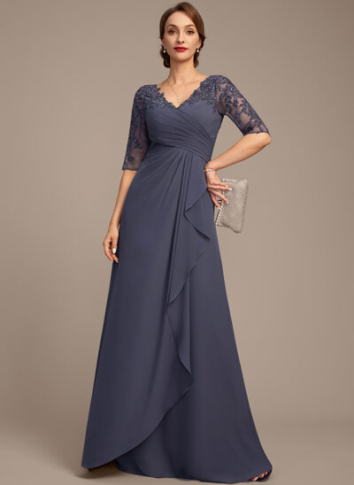 A-линии V шеи Длина до пола кружевной Шифон Платье Для Матери Невесты с Ниспадающие оборки блестки 