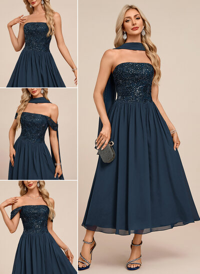 Strapless Scarf Chiffon Midi Dress