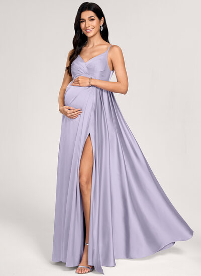 Kjole med A-linje V-hals Gulvlængde Matte Satin Graviditetskjoler med Plisseret 