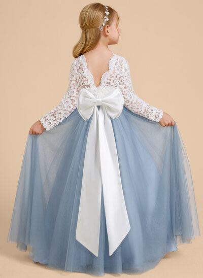 Ball-Gown/Princess Scoop Floor-Length Tulle Lace Flower Girl Dress With Bow 
