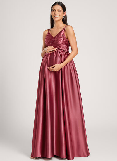 A-Linien-Kleid V-Ausschnitt Bodenlang Stretch-Satin Umstandskleider mit Falten 