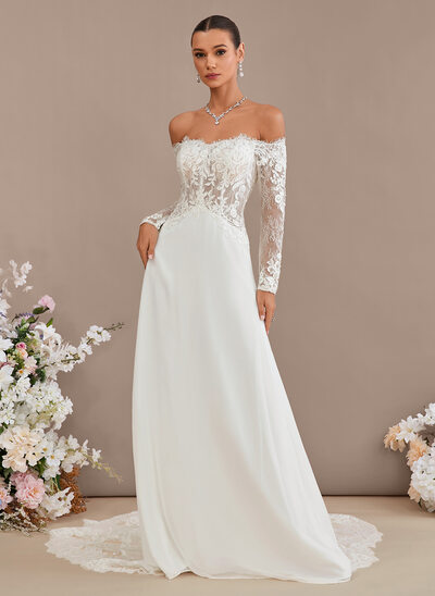A-line Off the Shoulder Court Train Lace Chiffon Wedding Dress With Sequins 