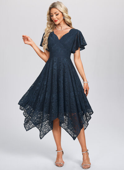 A-line V-Neck Asymmetrical Tea-Length Lace Cocktail Dress 