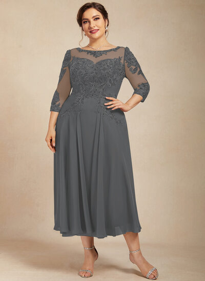 Abiti linea a girocollo illusione lunghezza tè chiffona pizzo abito mamma di sposa e sposo con lustrini perline 