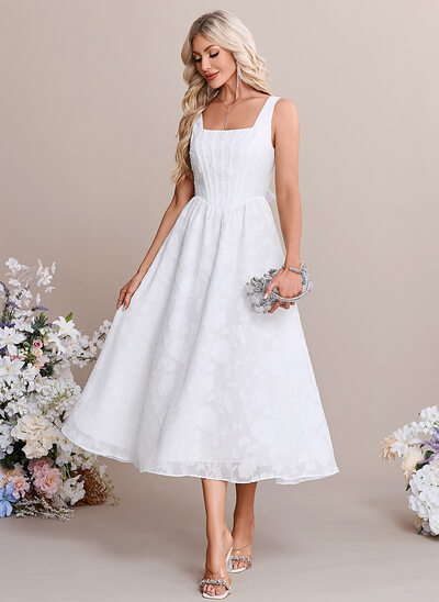 A-line Square Tea-Length Chiffon Wedding Dress 