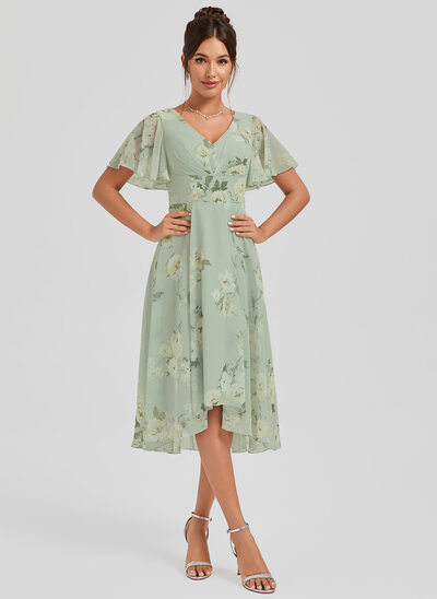 Robe de demoiselle d'honneur trapèze col v asymétrique mousseline avec volants 