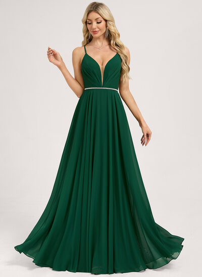 Robe de demoiselle d'honneur trapèze col v longueur ras du sol mousseline avec perlage 