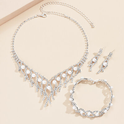 Elegante rhinestone perla boda noche collar pendientes pulsera sistemas de la joyería (juego de 3) 