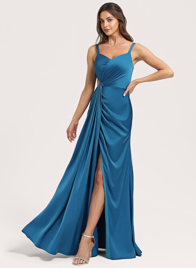 A-line V-Neck Floor-Length Matte Satin Bridesmaid Dress With Ruffle 