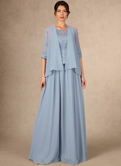 A-lijn-jurk ronde hals illusie vloer lengte kant de chiffon moeder van de bruid jurk met strik 