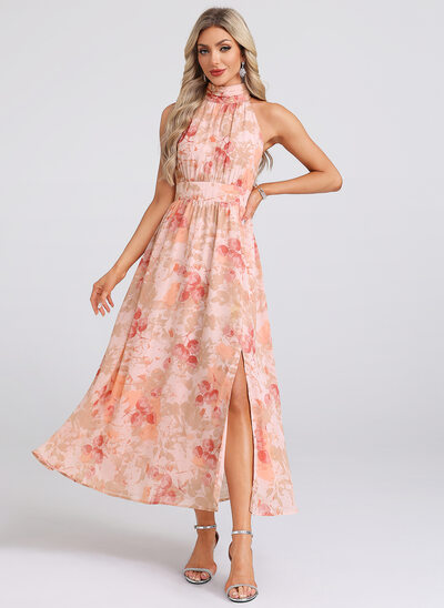 A-line Halter High Neck Tea-Length Chiffon Cocktail Dress With Floral Print 