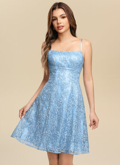 Square Spaghetti Straps Appliques Lace Stretch Satin Dress