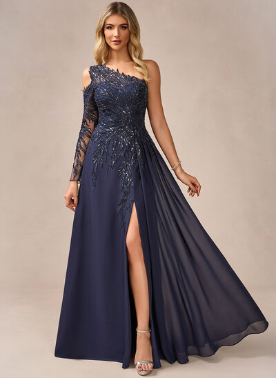 Abiti linea a una spalla a terra pizzo chiffona abito da sera con sopragonna lustrini 