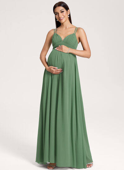 A-Linien-Kleid V-Ausschnitt Bodenlang Chiffon Umstandskleider mit Falten 