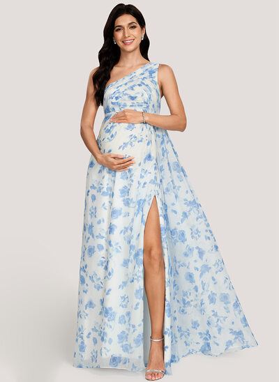 Kjole med A-linje One-Shoulder Gulvlængde Chiffon Graviditetskjoler med Flæsekanter 