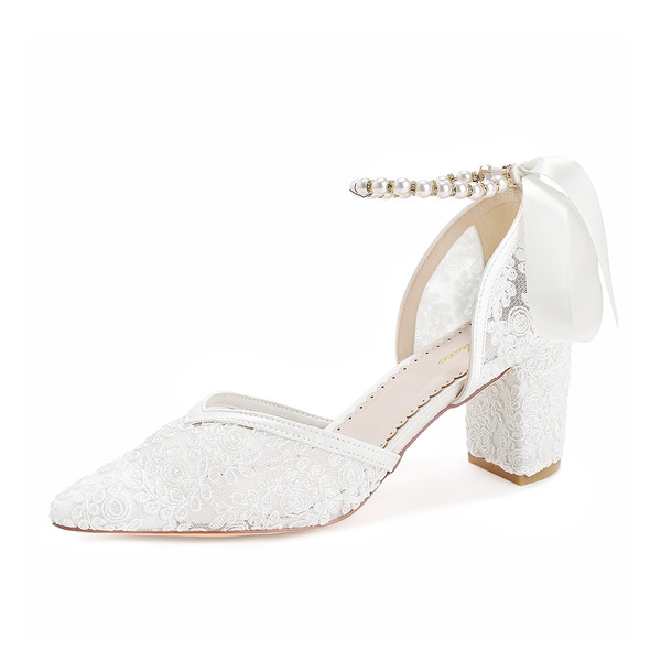 Women's Wedding Shoes Lace Satin Block Heel Point Toe Wedding Heels Bridal Shoes Pearl Ribbon Tie Elegant Wedding Shoes 