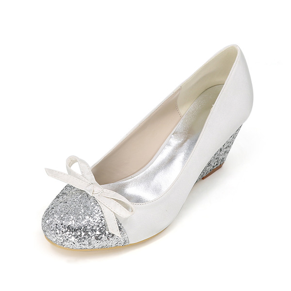 Women's Wedding Shoes Satin Glitter Wedge Heel Round Toe Wedding Heels Bridesmaid Shoes Bowknot Simple Wedding Shoes 