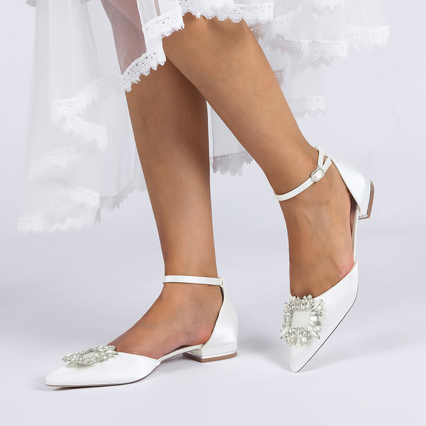 Women's Wedding Shoes Satin Flat Heel Low Heel Point Toe Wedding Flats Bridal Shoes Rhinestone Elegant Wedding Shoes 