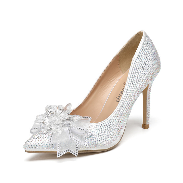 Women's Wedding Shoes Satin High Heel Point Toe Wedding Heels Bridal Shoes Bowknot Rhinestone Elegant Wedding Party Evening Shoes 