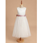 A-line Scoop Tea-Length Satin Tulle Flower Girl Dress With Beading Bow Sash 