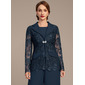Chiffon Lace Long Sleeves Evening Mother's Wrap Jacket With Rhinestones Button 