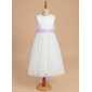 A-line Scoop Tea-Length Satin Tulle Flower Girl Dress With Beading Bow Sash 