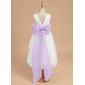 A-line Scoop Tea-Length Satin Tulle Flower Girl Dress With Beading Bow Sash 